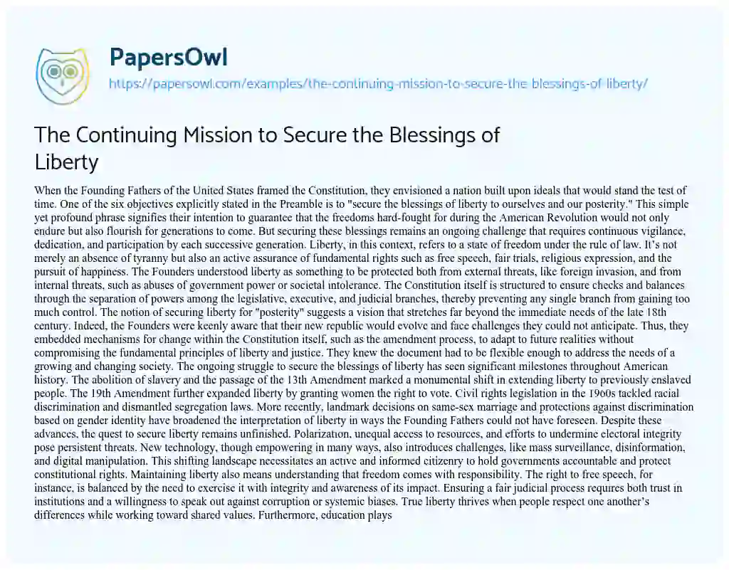 Essay on The Continuing Mission to Secure the Blessings of Liberty