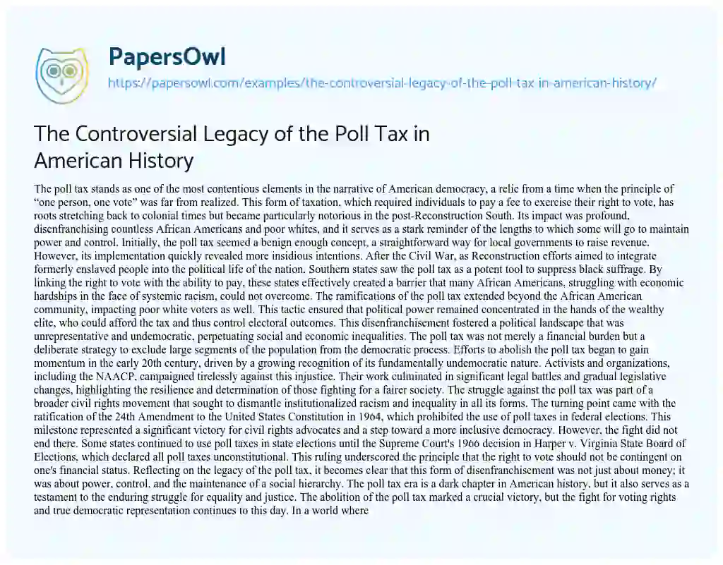 Essay on The Controversial Legacy of the Poll Tax in American History