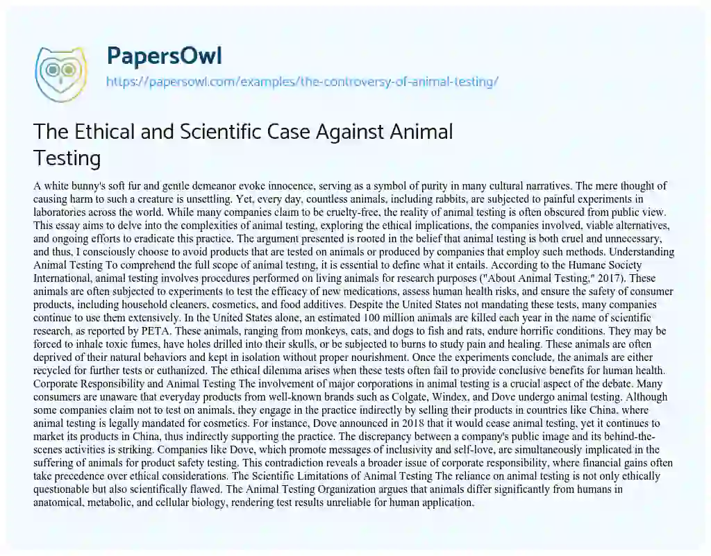 Essay on The Controversy of Animal Testing