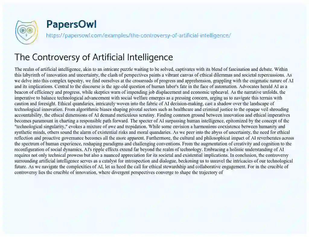 Essay on The Controversy of Artificial Intelligence
