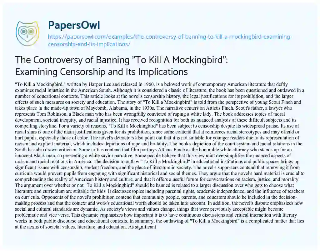 Essay on The Controversy of Banning “To Kill a Mockingbird”: Examining Censorship and its Implications