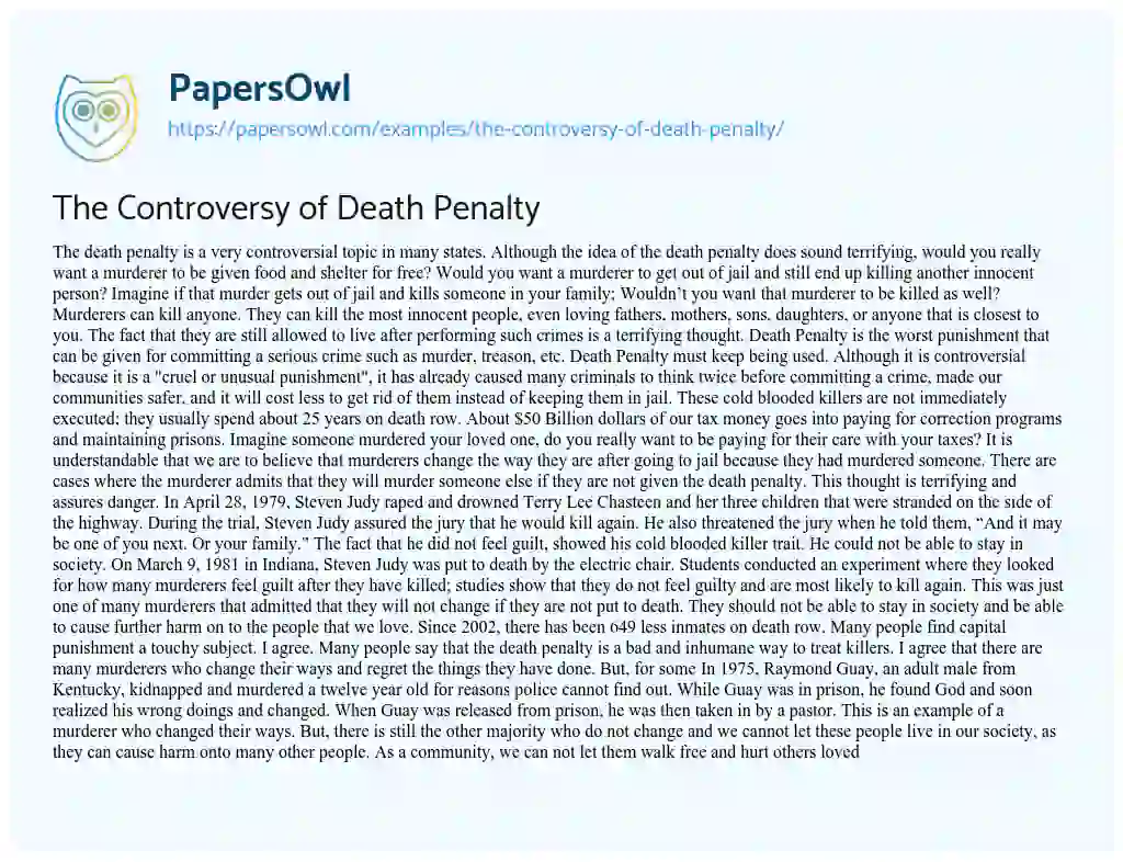 Essay on The Controversy of Death Penalty