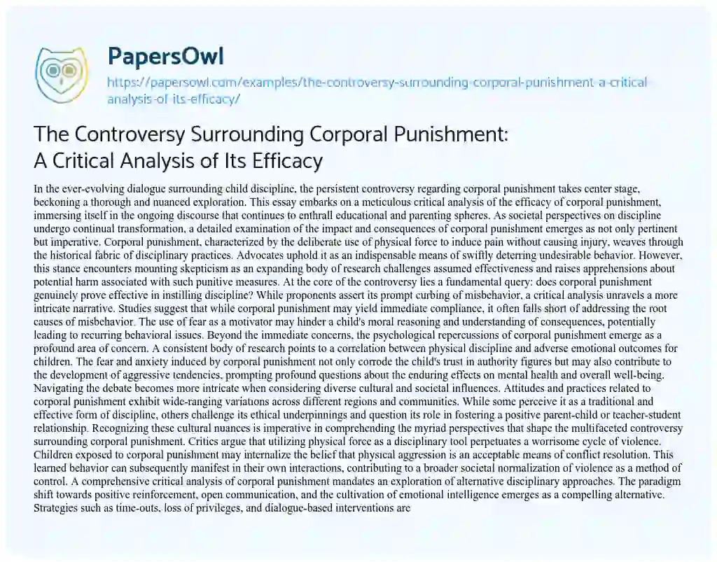 Essay on The Controversy Surrounding Corporal Punishment: a Critical Analysis of its Efficacy