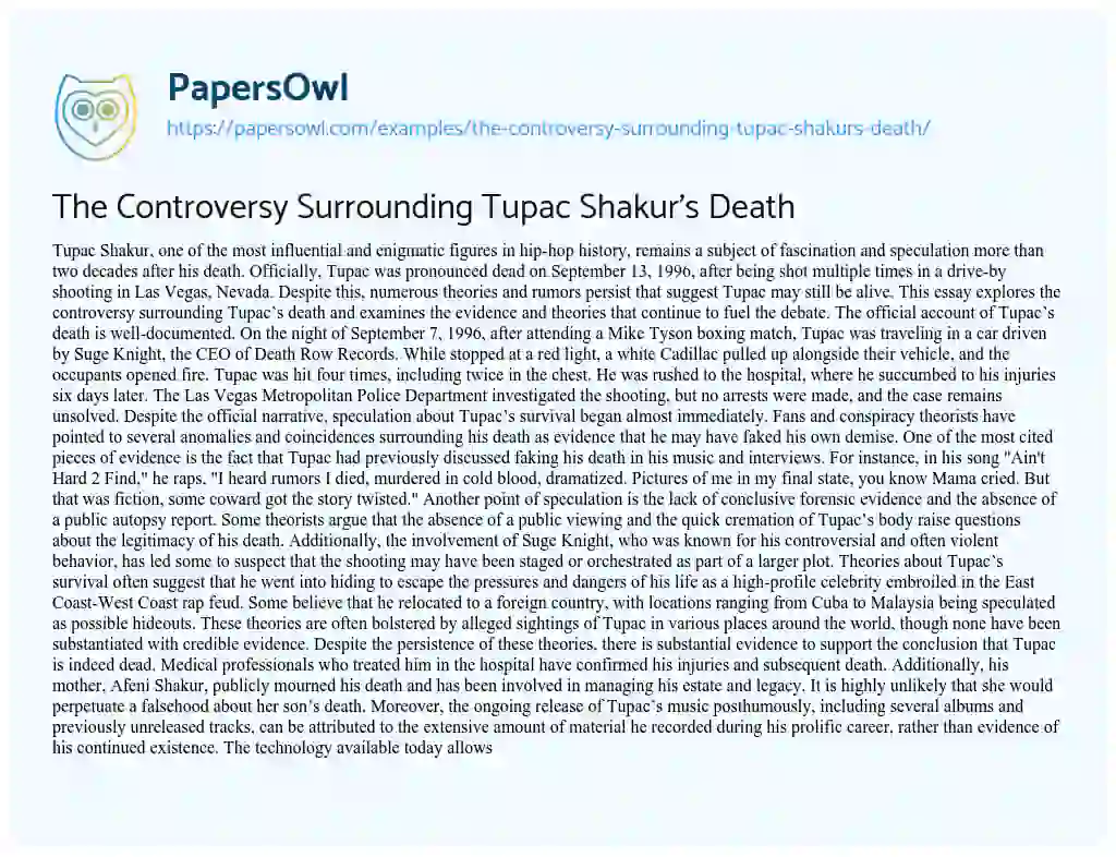 Essay on The Controversy Surrounding Tupac Shakur’s Death