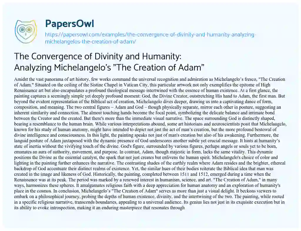 Essay on The Convergence of Divinity and Humanity: Analyzing Michelangelo’s “The Creation of Adam”