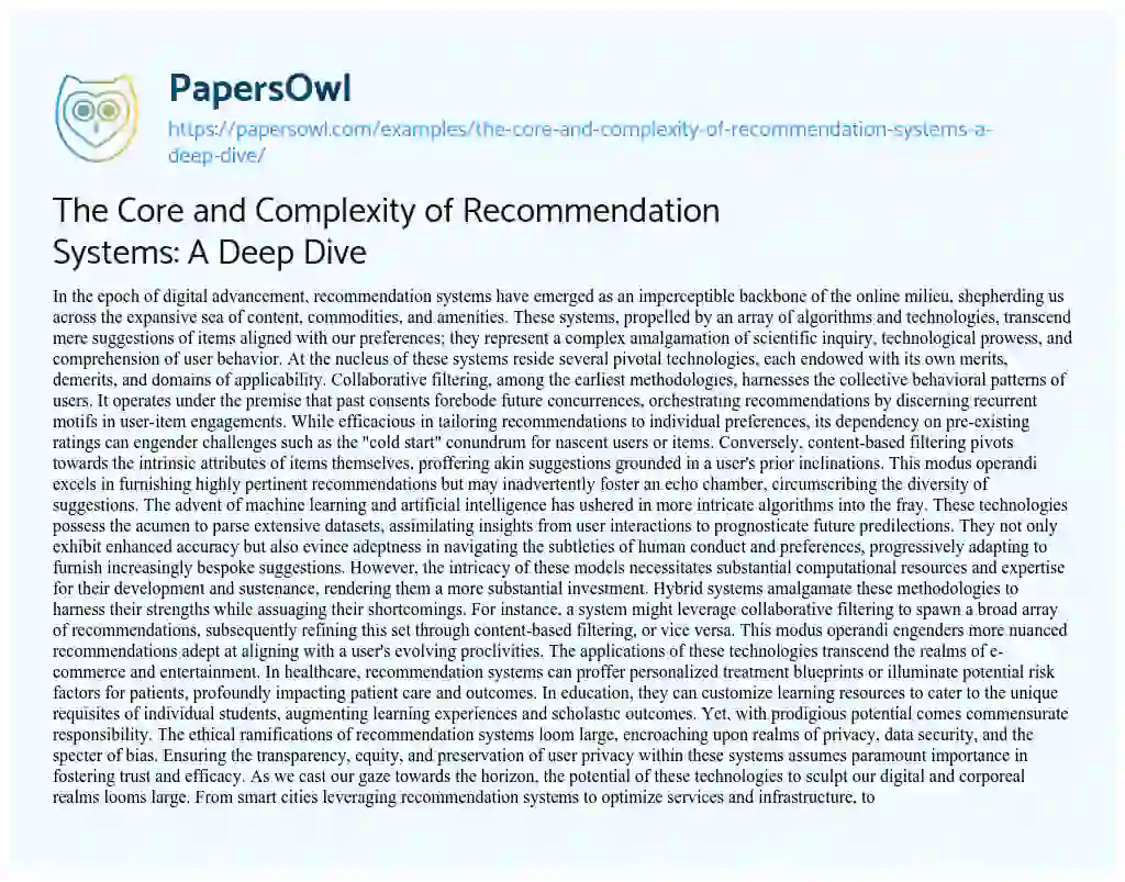Essay on The Core and Complexity of Recommendation Systems: a Deep Dive