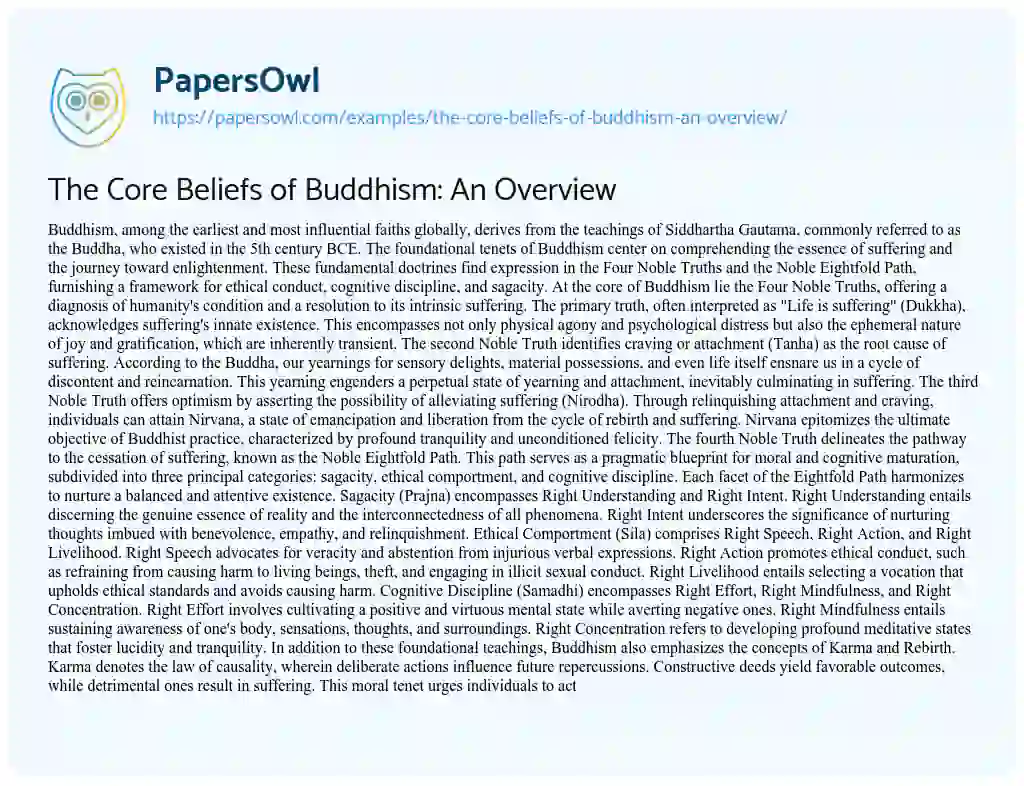 Essay on The Core Beliefs of Buddhism: an Overview