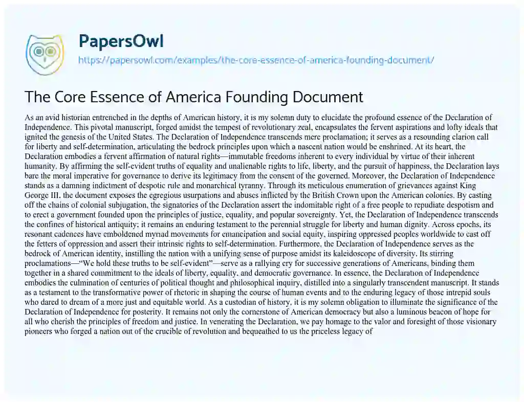 Essay on The Core Essence of America Founding Document