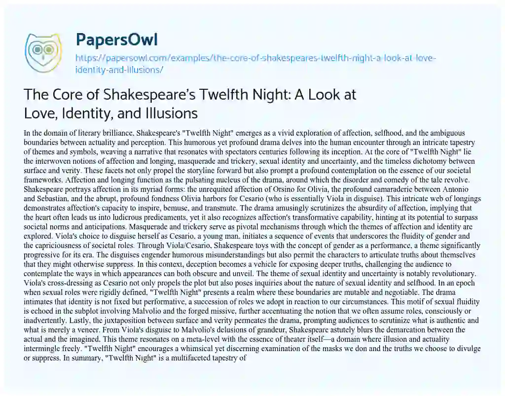 Essay on The Core of Shakespeare’s Twelfth Night: a Look at Love, Identity, and Illusions