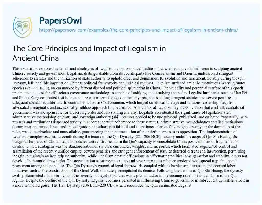 Essay on The Core Principles and Impact of Legalism in Ancient China
