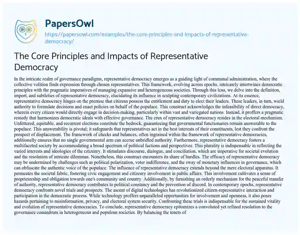 Essay on The Core Principles and Impacts of Representative Democracy