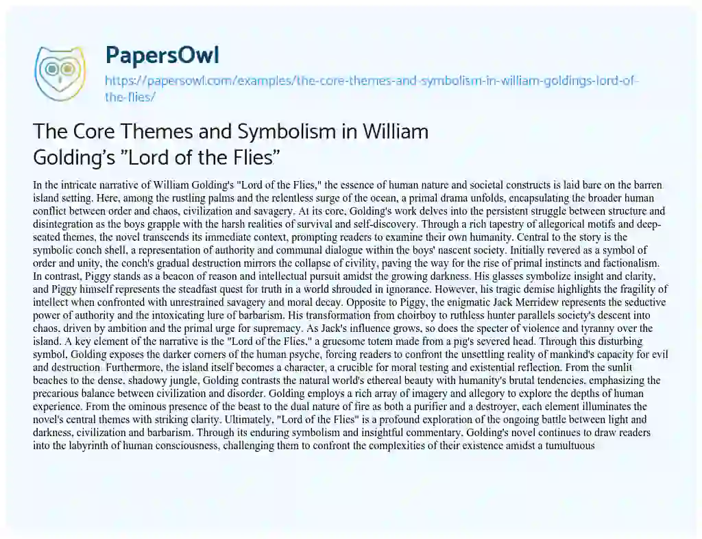 Essay on The Core Themes and Symbolism in William Golding’s “Lord of the Flies”