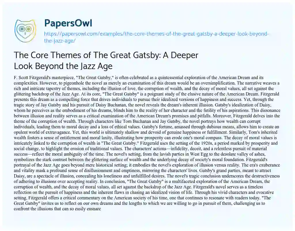Essay on The Core Themes of the Great Gatsby: a Deeper Look Beyond the Jazz Age