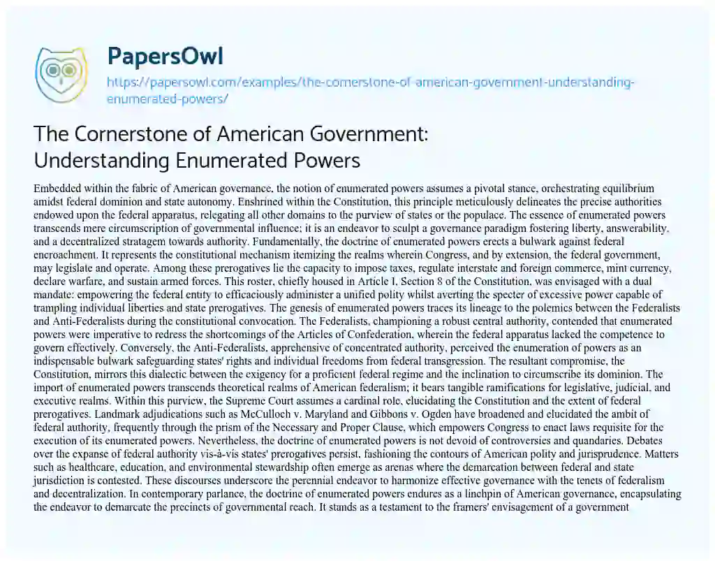 Essay on The Cornerstone of American Government: Understanding Enumerated Powers