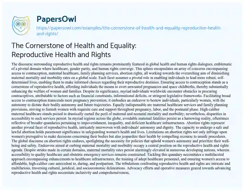 Essay on The Cornerstone of Health and Equality: Reproductive Health and Rights