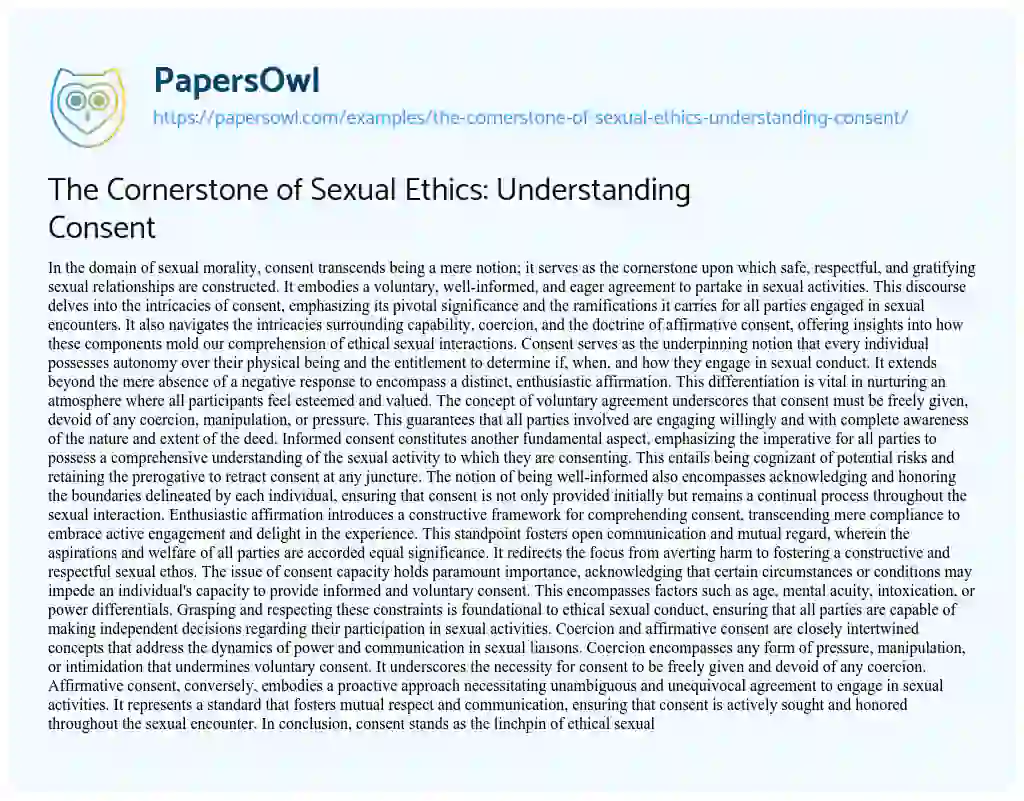 Essay on The Cornerstone of Sexual Ethics: Understanding Consent