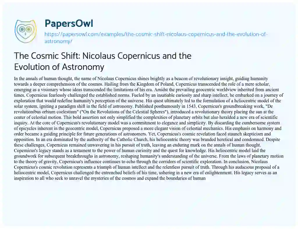 Essay on The Cosmic Shift: Nicolaus Copernicus and the Evolution of Astronomy