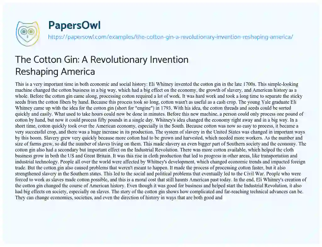 Essay on The Cotton Gin: a Revolutionary Invention Reshaping America