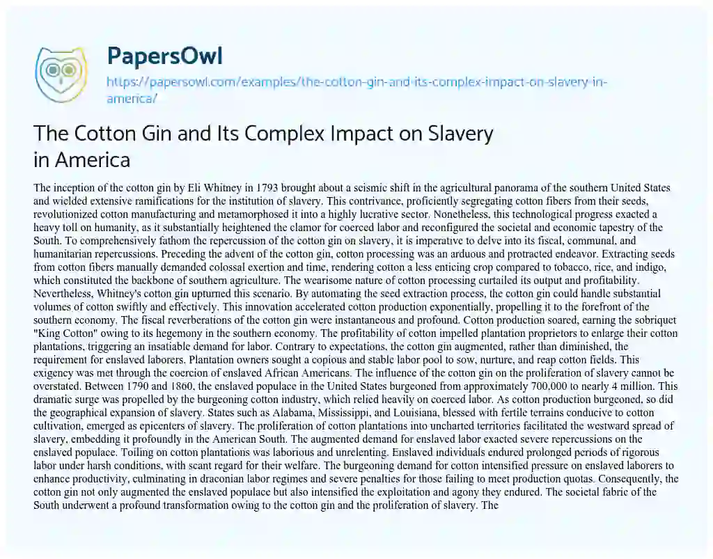 Essay on The Cotton Gin and its Complex Impact on Slavery in America