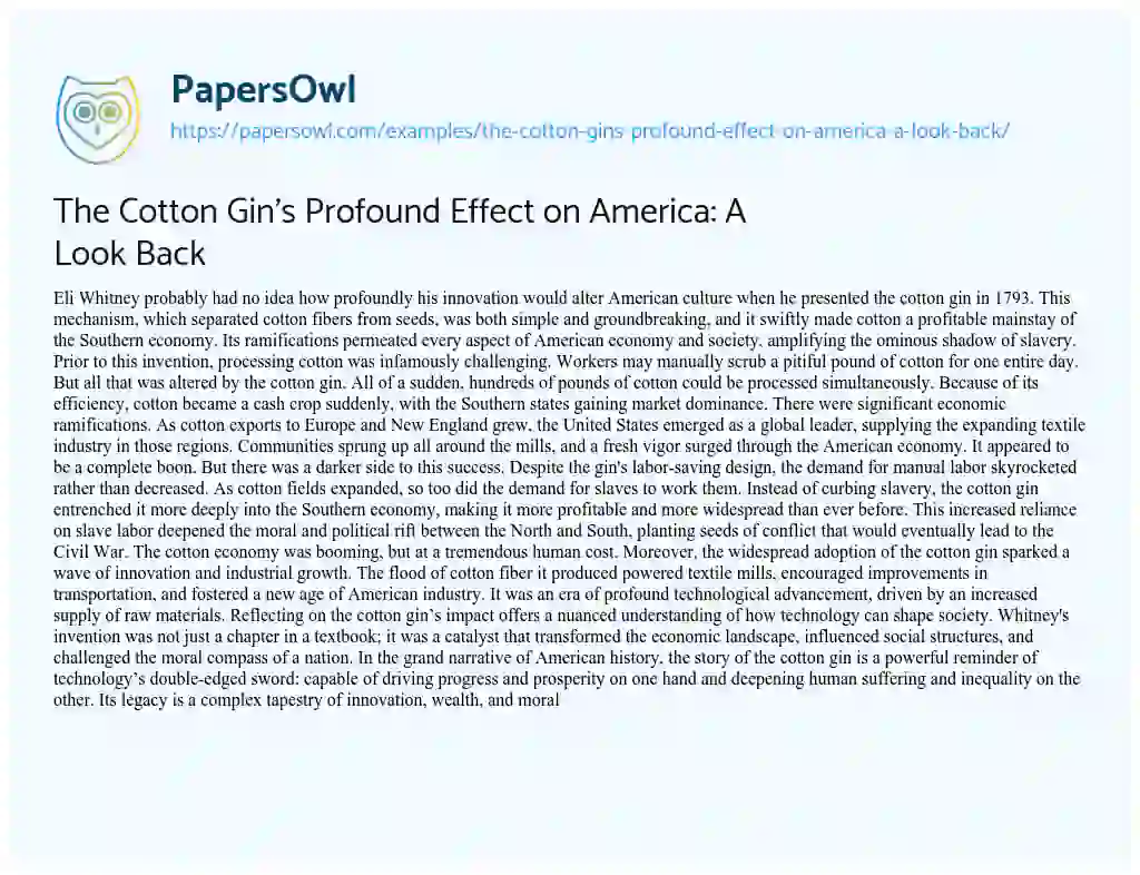 Essay on The Cotton Gin’s Profound Effect on America: A Look Back