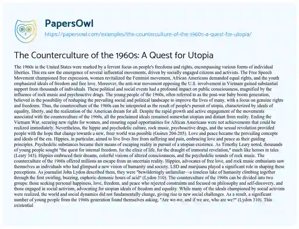 Essay on The Counterculture of the 1960s: a Quest for Utopia