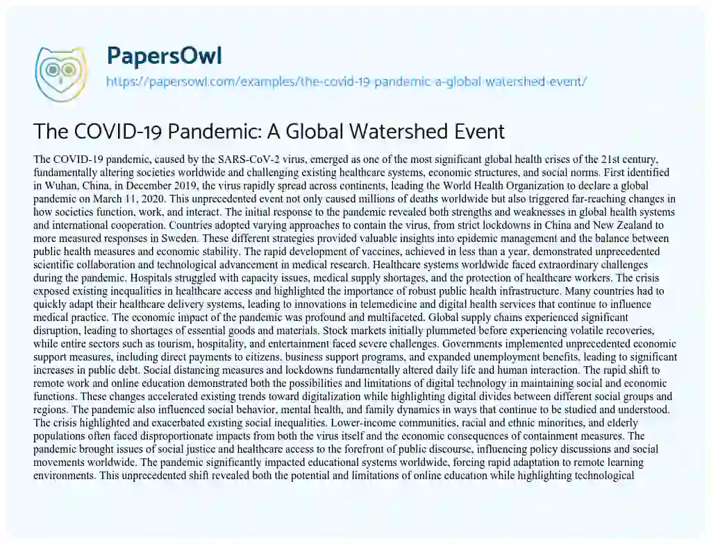Essay on The COVID-19 Pandemic: A Global Watershed Event