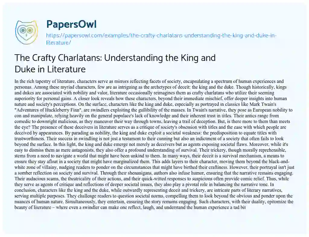 Essay on The Crafty Charlatans: Understanding the King and Duke in Literature