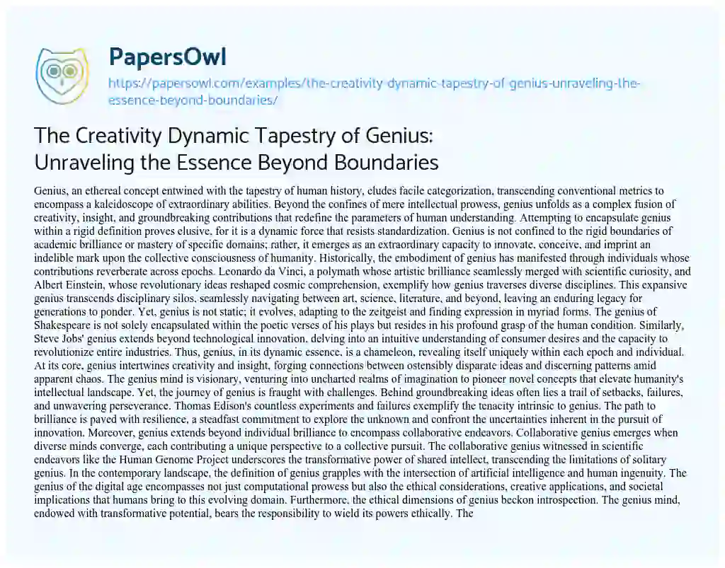 Essay on The Creativity Dynamic Tapestry of Genius: Unraveling the Essence Beyond Boundaries