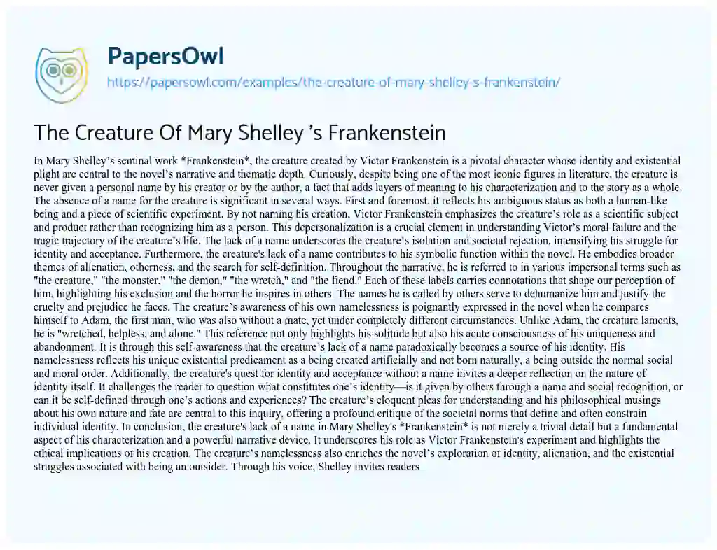 Essay on The Creature of Mary Shelley ‘s Frankenstein