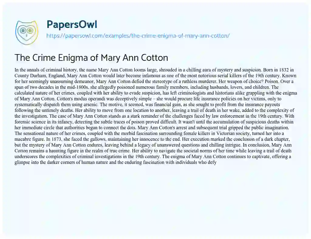 Essay on The Crime Enigma of Mary Ann Cotton