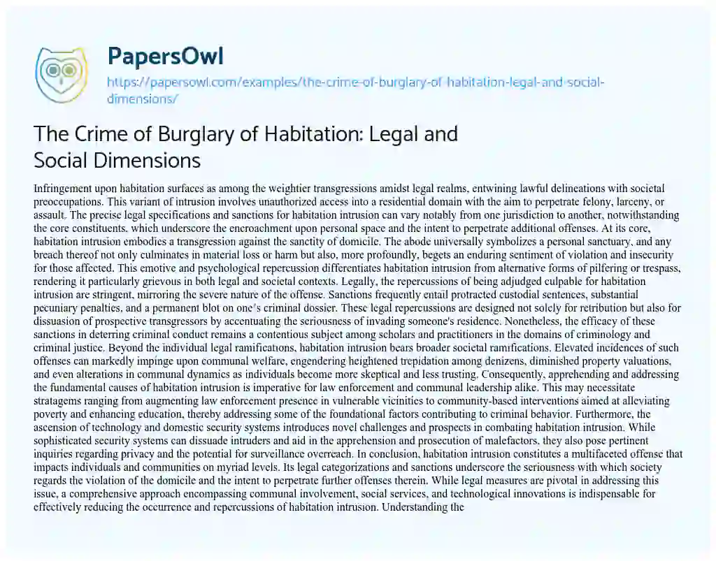 Essay on The Crime of Burglary of Habitation: Legal and Social Dimensions