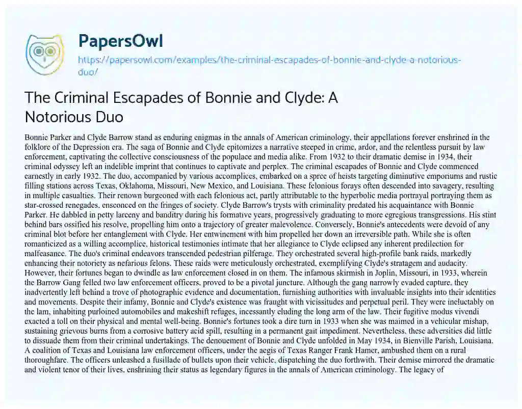 Essay on The Criminal Escapades of Bonnie and Clyde: a Notorious Duo