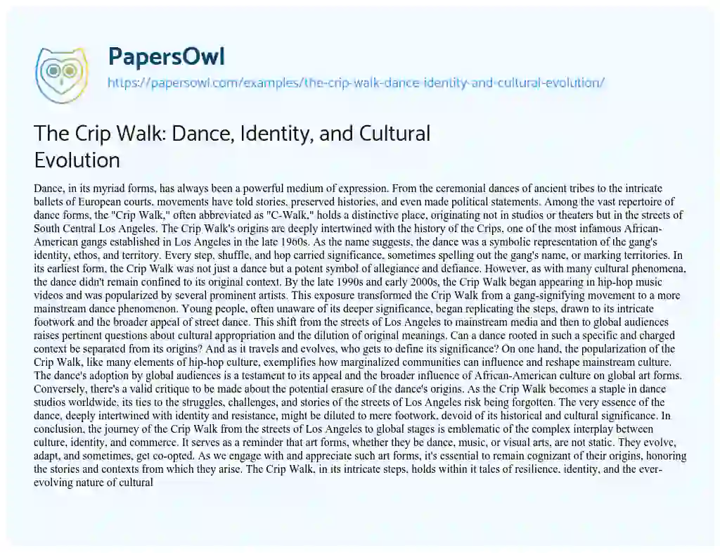 Essay on The Crip Walk: Dance, Identity, and Cultural Evolution