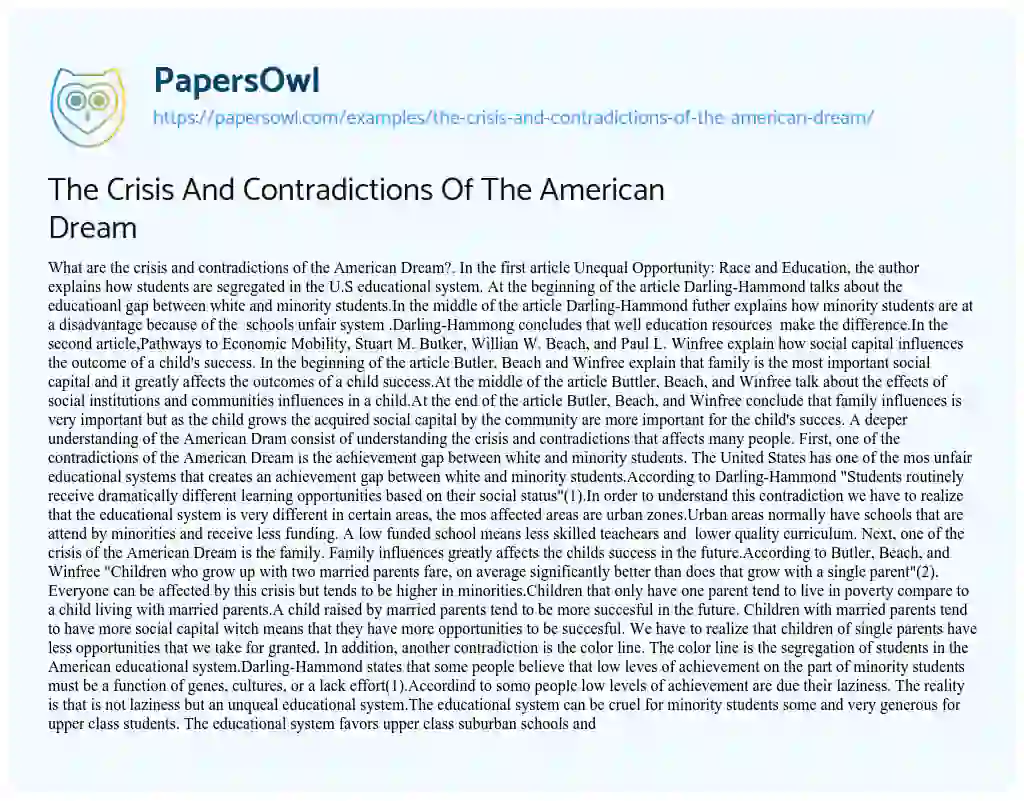 Essay on The Crisis and Contradictions of the American Dream