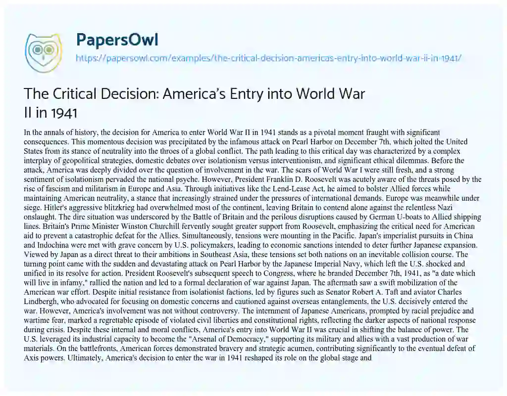 Essay on The Critical Decision: America’s Entry into World War II in 1941