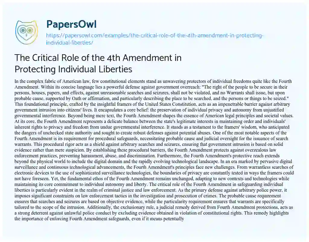 Essay on The Critical Role of the 4th Amendment in Protecting Individual Liberties