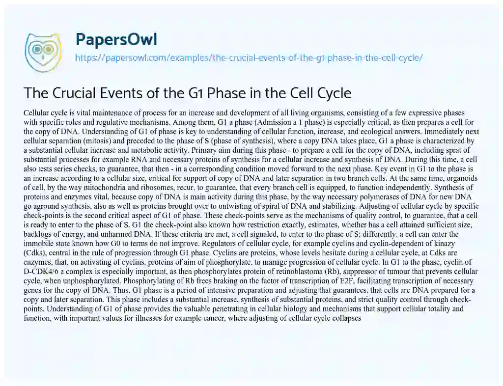 Essay on The Crucial Events of the G1 Phase in the Cell Cycle