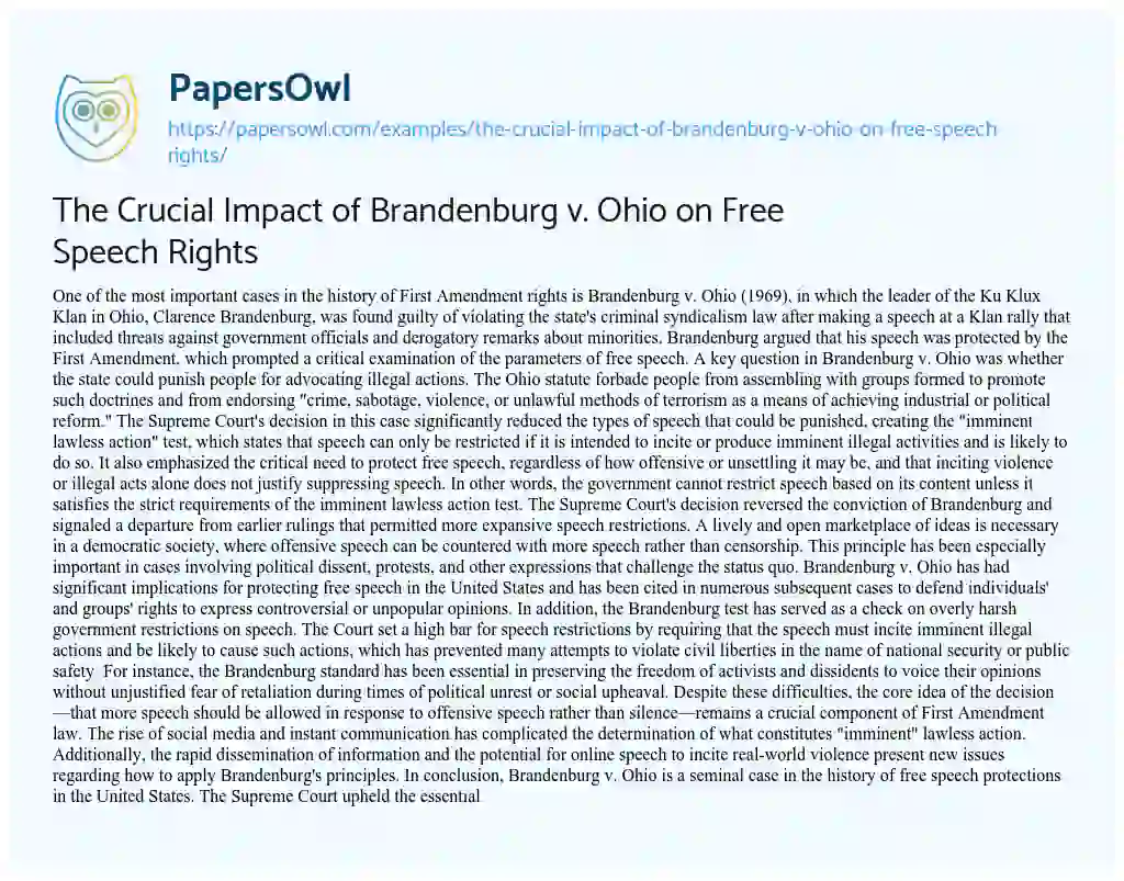 Essay on The Crucial Impact of Brandenburg V. Ohio on Free Speech Rights