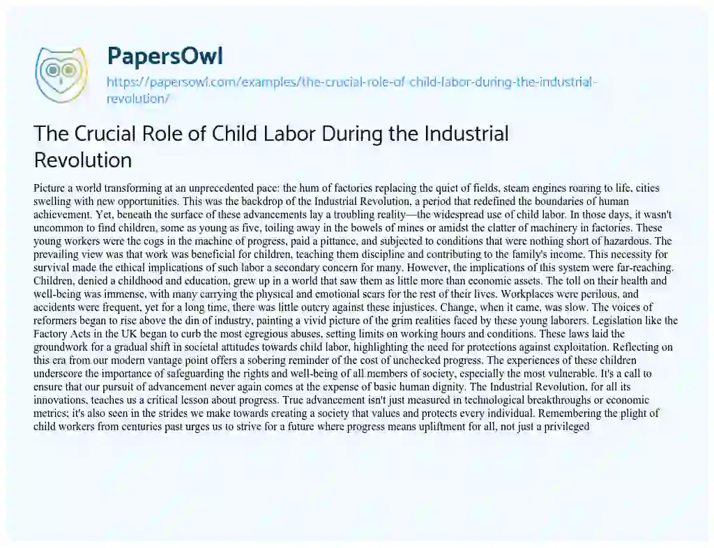 Essay on The Crucial Role of Child Labor during the Industrial Revolution