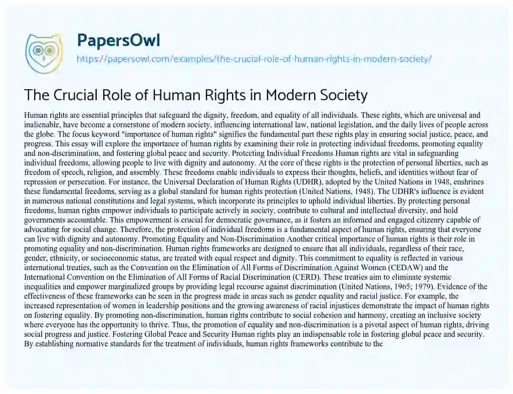 Essay on The Crucial Role of Human Rights in Modern Society