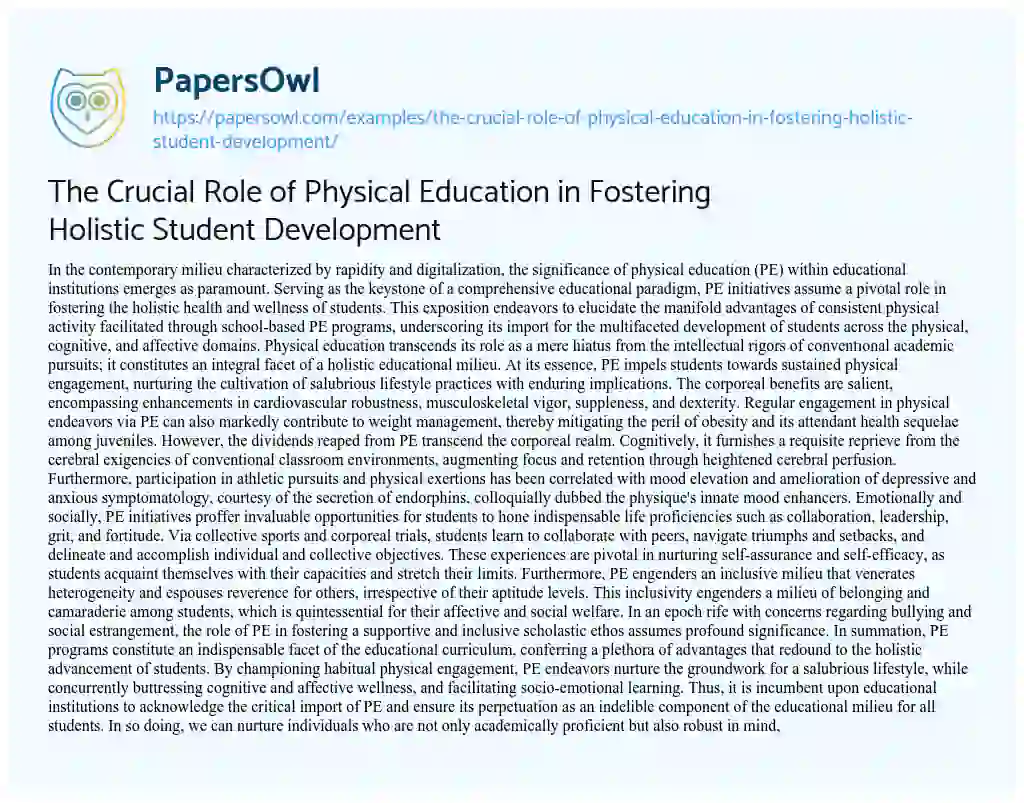 Essay on The Crucial Role of Physical Education in Fostering Holistic Student Development