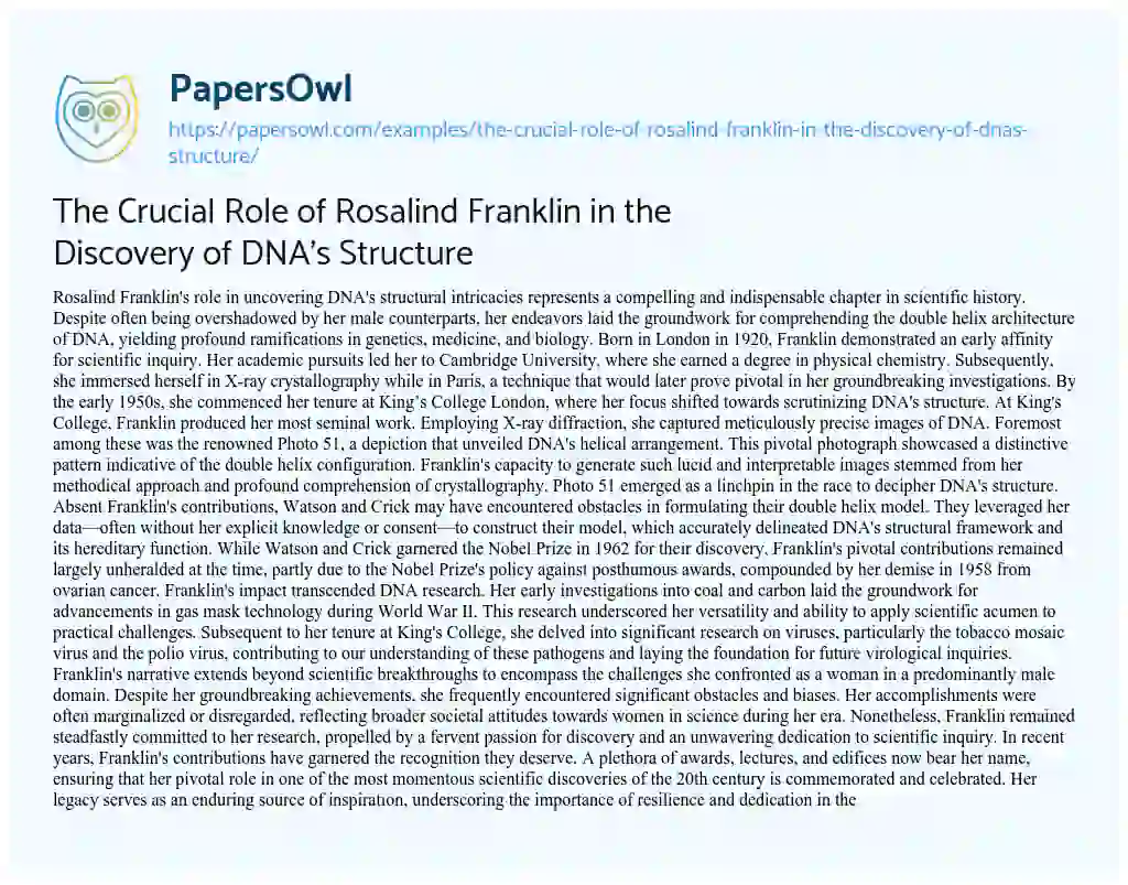 Essay on The Crucial Role of Rosalind Franklin in the Discovery of DNA’s Structure