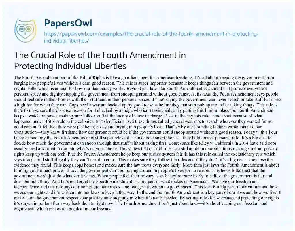 Essay on The Crucial Role of the Fourth Amendment in Protecting Individual Liberties