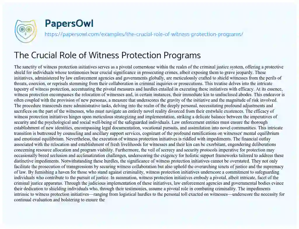 Essay on The Crucial Role of Witness Protection Programs