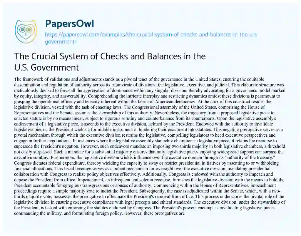 Essay on The Crucial System of Checks and Balances in the U.S. Government
