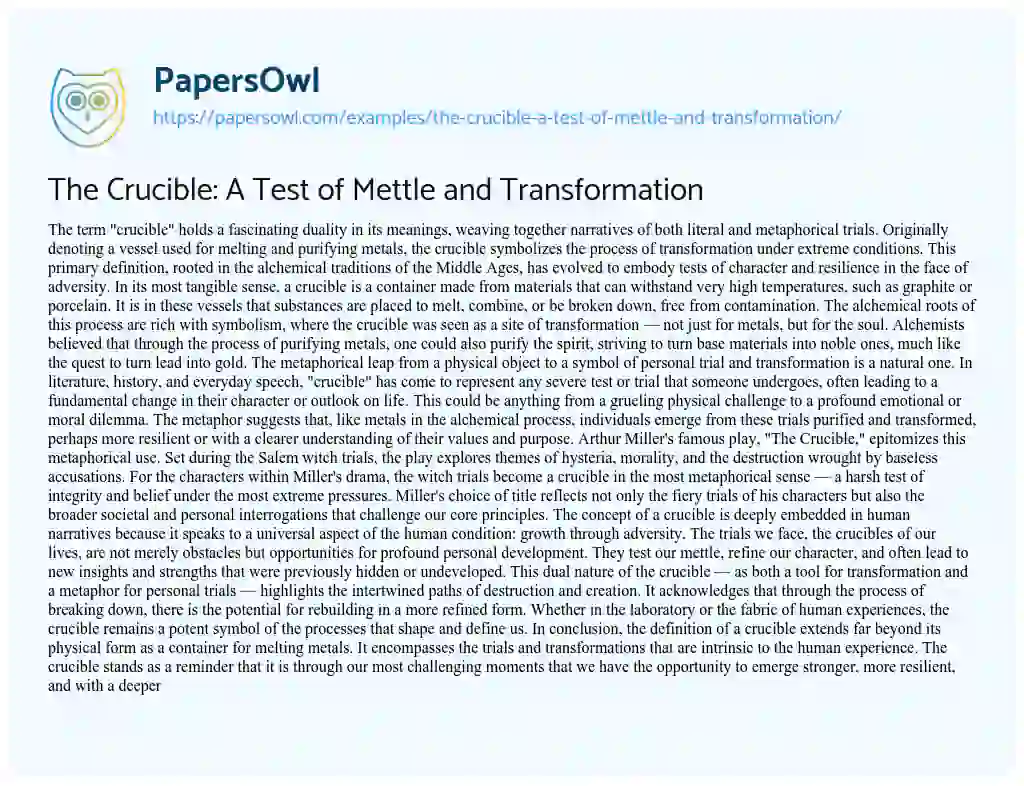 Essay on The Crucible: a Test of Mettle and Transformation