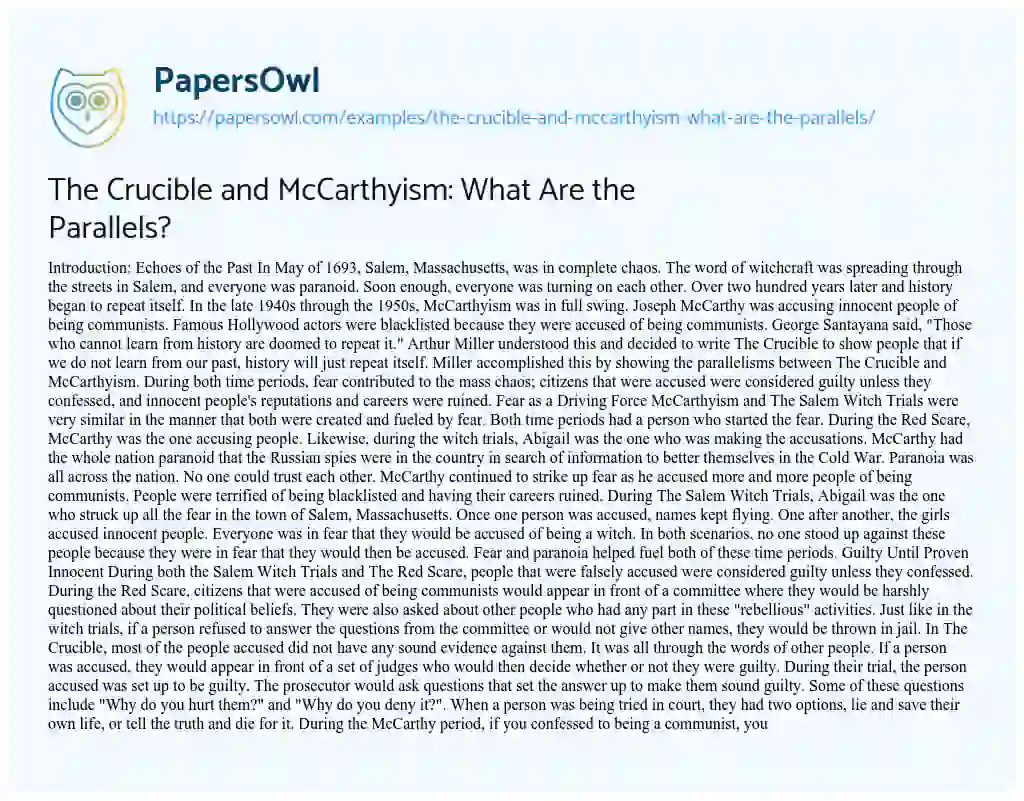 Essay on The Crucible and McCarthyism: what are the Parallels?