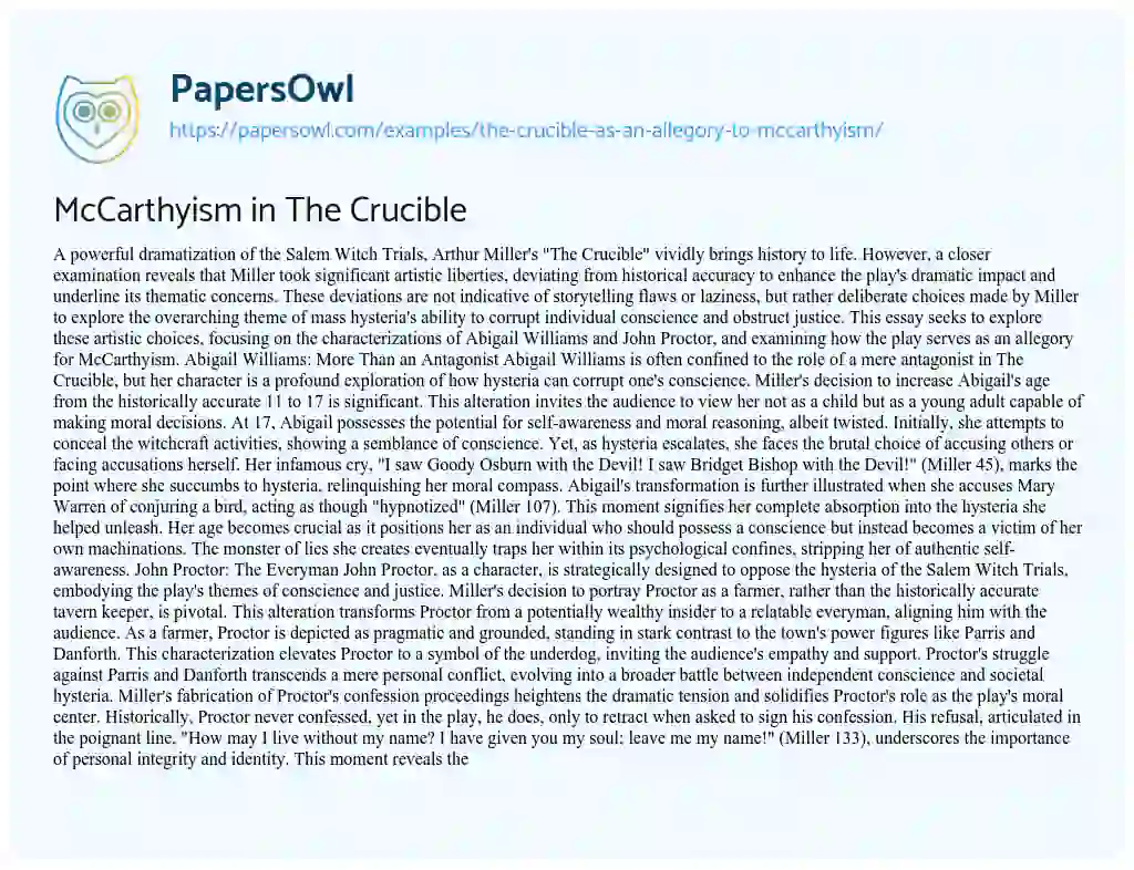 Essay on The Crucible as an Allegory to McCarthyism