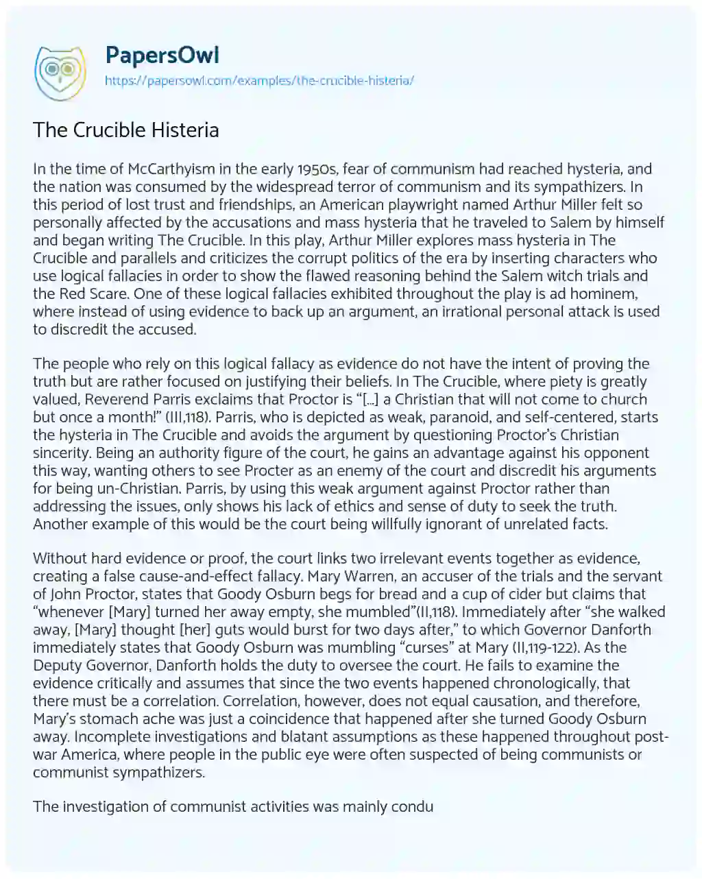 Essay on The Crucible Histeria