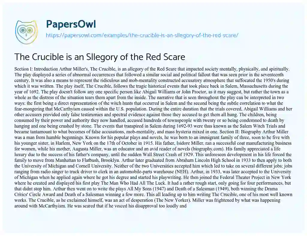 Essay on The Crucible is an Sllegory of the Red Scare